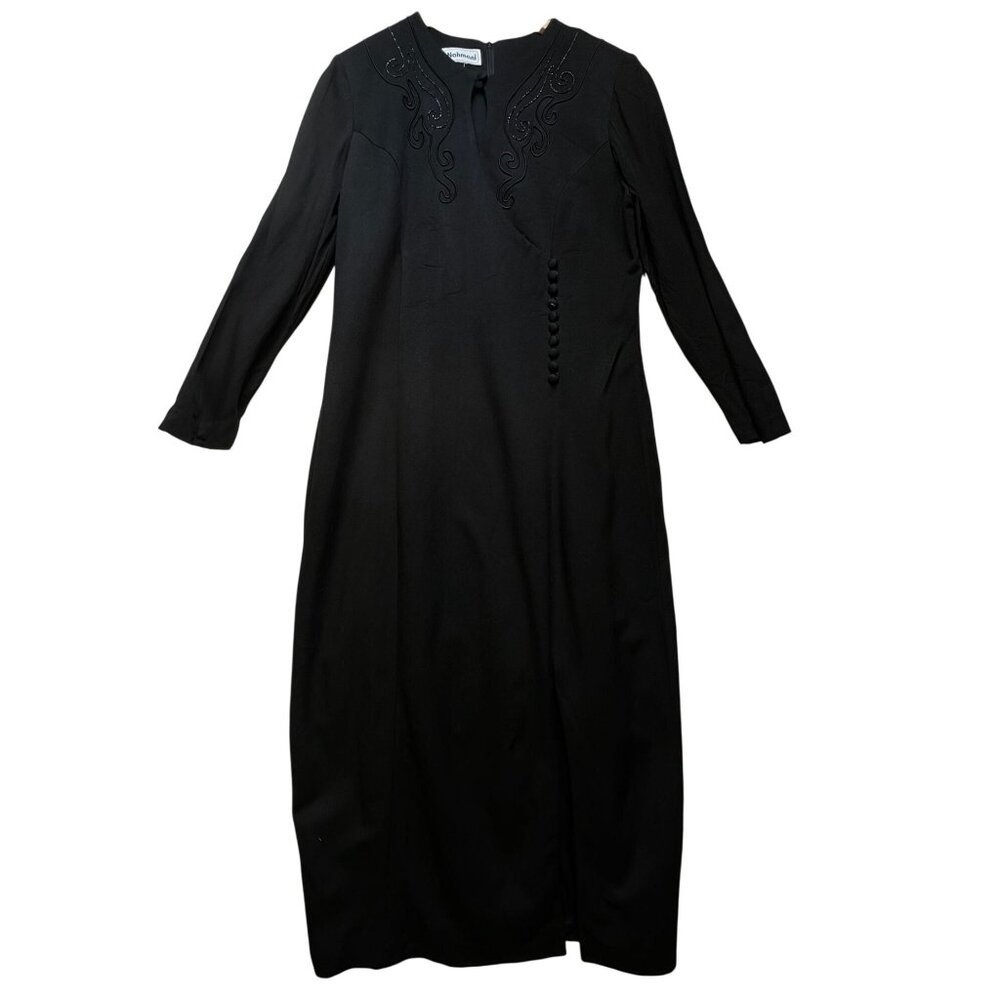Nahmani Womens Maxi Dress Black Long Sleeve Classic Retro Button Front Modest